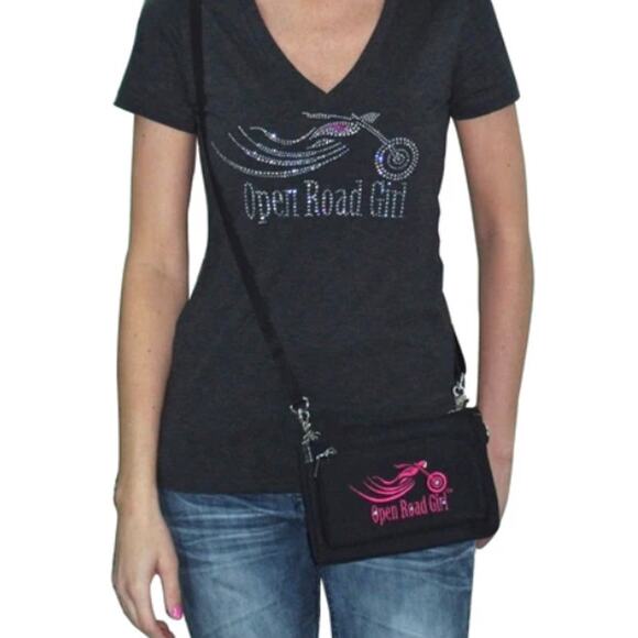 Open Road Girl Hip Crossbody Motorcycle Embroidered Rhinestone Canvas Purse NWT - Picture 1 of 3